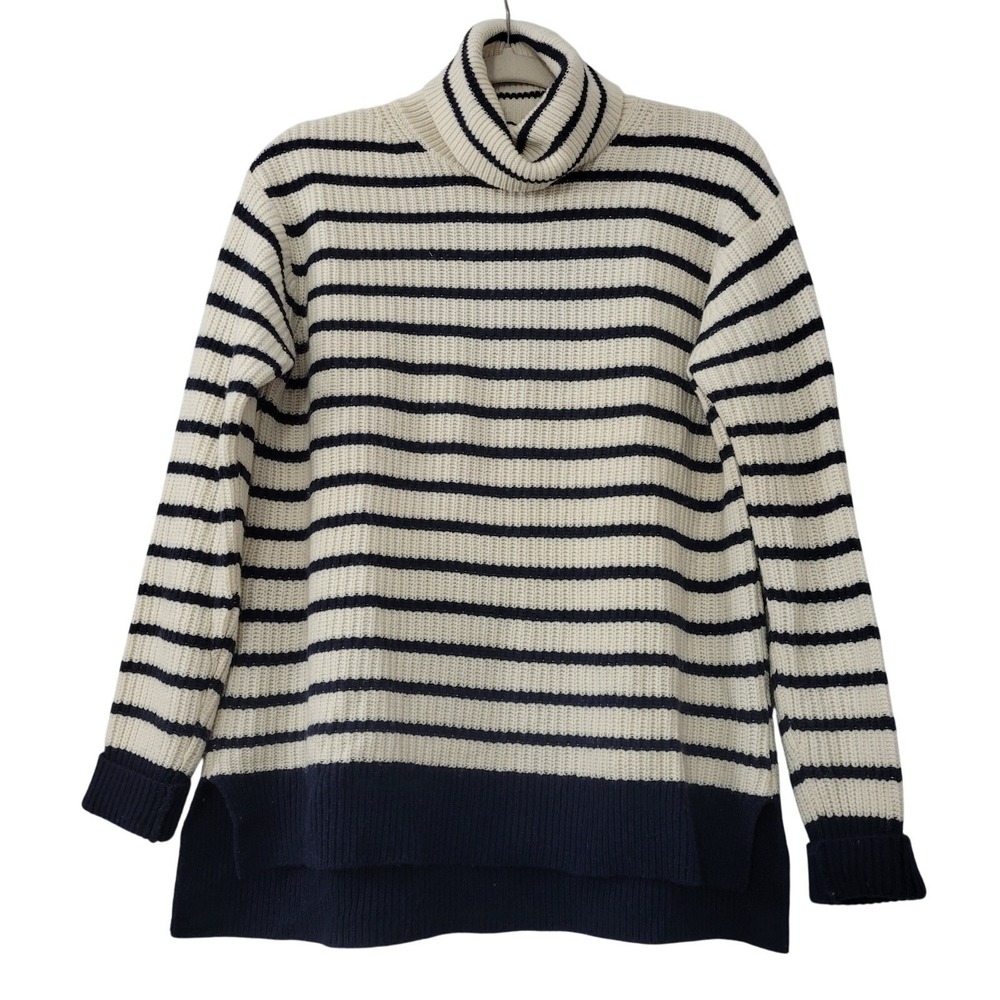 J. Crew Ribbed Relaxed Stripe Turtleneck Sweater Sz M Blue‎ Cream Knit Preppy